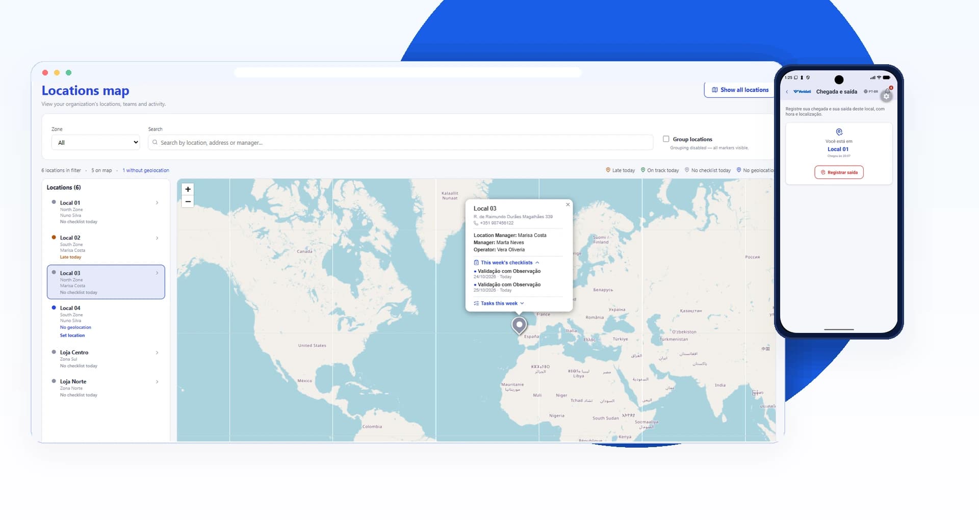 Locations map in the Veridati Account, next to the arrival and departure screen of the mobile app