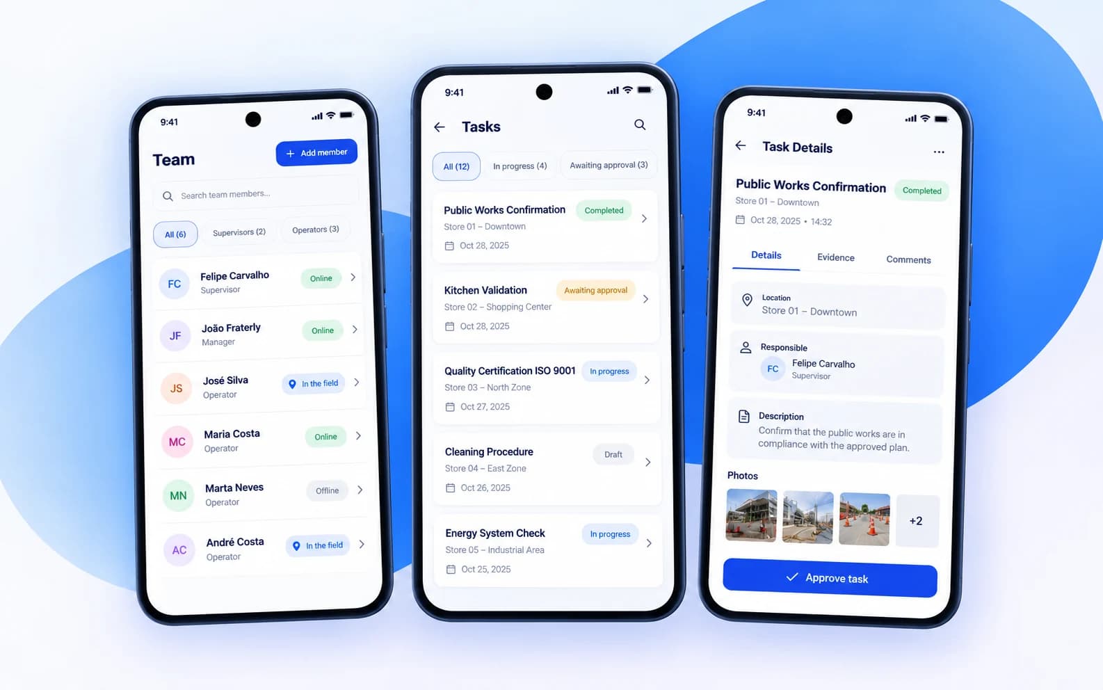 Illustration of the Veridati mobile app: team, task list and task details